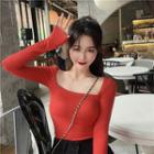 Plain Square-neck Long-sleeve Slim-fit Top Red - One Size