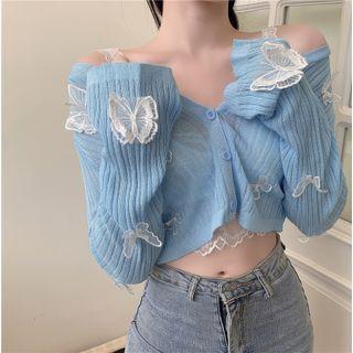 Butterfly Detail Cropped Cardigan / Lace Trim Cropped Camisole Top