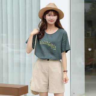 Round-neck Printed Linen Top