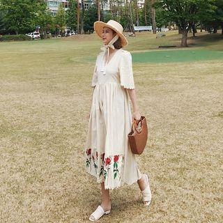 Flower-embroidered Linen-blend A-line Long Dress