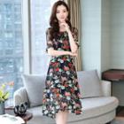 Short-sleeve Mesh Paneled Floral Chiffon A-line Dress