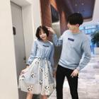 Couple Matching Mesh Panel Drawstring Pullover Dress / Crew-neck Pullover