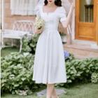 Puff-sleeve Square Neck A-line Dress / Veil / Set