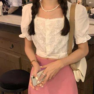 Short-sleeve Square-neck Blouse / Midi A-line Skirt