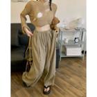 Long-sleeve Perforated Cropped Knit Top / Plain High-waist Loose-fit Pants