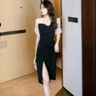 Square-neck Short-sleeve Mesh Panel Ruched Side-slit Dress