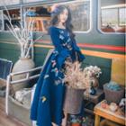 Long-sleeve Paneled Applique A-line Dress