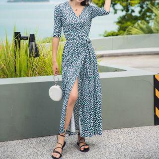Print Elbow-sleeve Maxi Wrap Dress