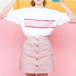 Set: Lettering Short Sleeve T-shirt + Pinstriped Buttoned A-line Skirt