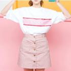 Set: Lettering Short Sleeve T-shirt + Pinstriped Buttoned A-line Skirt