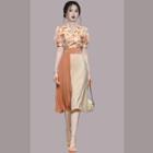 Set: Short-sleeve Floral Blouse + Two-tone A-line Skirt