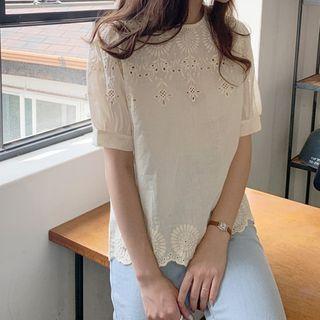 Scallop-hem Eyelet-lace Blouse Cream - One Size