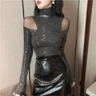 Long-sleeve Mesh Panel Embellished Top / Faux Leather Mini Pencil Skirt