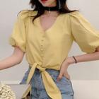 Puff-sleeve Tie-front Cropped Blouse