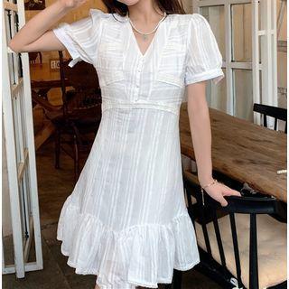 Short-sleeve V-neck Ruffle Trim Mini Dress