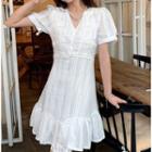 Short-sleeve V-neck Ruffle Trim Mini Dress