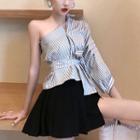 3/4-sleeve Cold-shoulder Striped Shirt / Mini A-line Pleated Skort