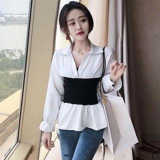 Long-sleeve Tie-waist Collared Top