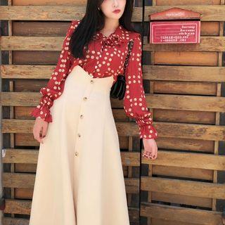 Set: Dotted Print Ruffled Blouse + High Waist A-line Skirt