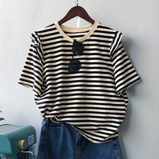 Short-sleeve Striped T-shirt Black & Almond - One Size