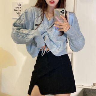 Cropped Drawstring Cable Knit Sweater Light Aqua Blue - One Size
