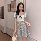 Short-sleeve Tie-neck Plaid Dress
