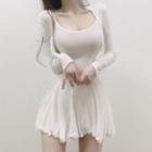 Set: Cropped Cardigan + Spaghetti Strap Frill Trim Mini A-line Dress