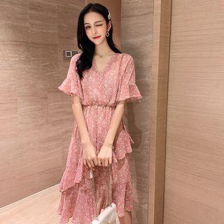 Floral Short-sleeve V-neck Chiffon Dress