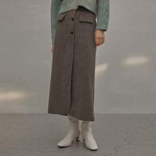 Flap Button-trim Maxi Checked Skirt Brown - One Size