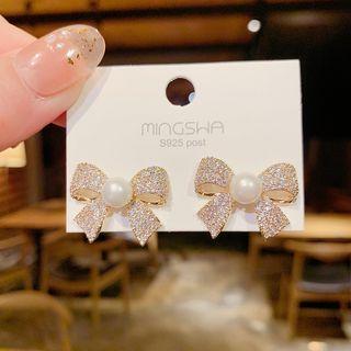 Bow Rhinestone Faux Pearl Alloy Earring Ndyz289 - White - One Size