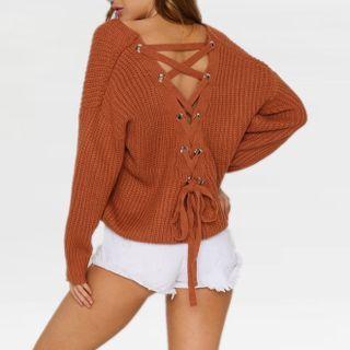 Long Sleeve Lace-up Back Loose-fit Sweater