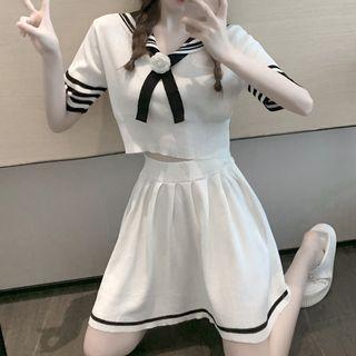 Set: Short-sleeve Sailor Collar Crop Top + A-line Mini Skirt