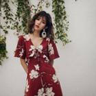 Floral Print V-neck Short-sleeve A-line Midi Dress