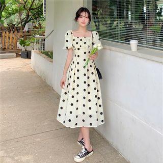 Puff-sleeve Bow Dotted Midi A-line Dress