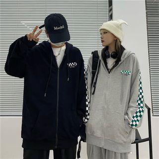 Checkerboard Trim Hooded Zip Jacket