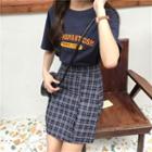 Short-sleeve Letter Embroidered T-shirt / High-waist Plaid Skirt