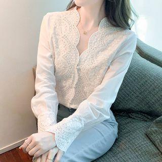 V-neck Embroidered Wavy Trim Blouse