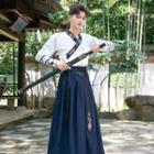 Set: Long-sleeve Embroidered Hanfu Top + Maxi A-line Skirt