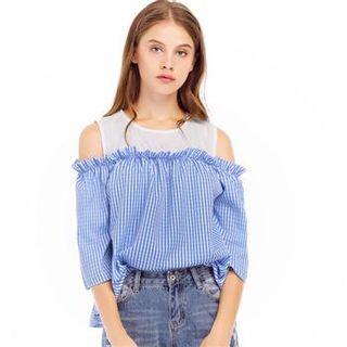 3/4-sleeve Cutout Shoulder Panel Top