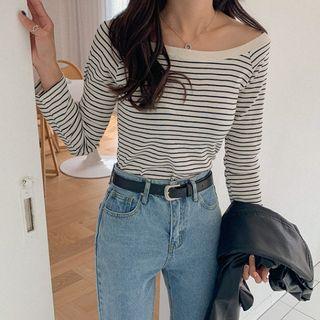 Off-shoulder Slim Stripe T-shirt