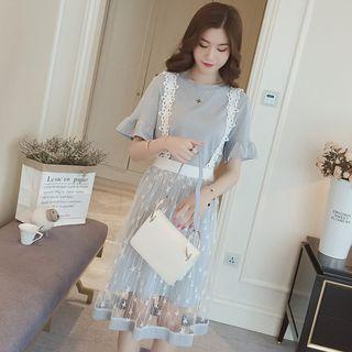Set: Bell-sleeve T-shirt + Mesh Sleeveless Dress