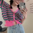 Elbow-sleeve Striped Cardigan Pink - One Size