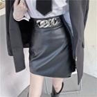 Faux Leather Skinny Skirt With Chain