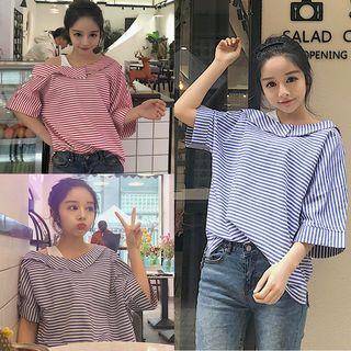 Mock Two-piece Cutout Shoulder Striped Top