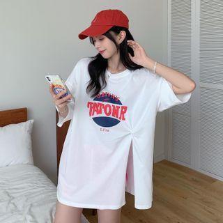 Short-sleeve Side-slit Pattern T-shirt