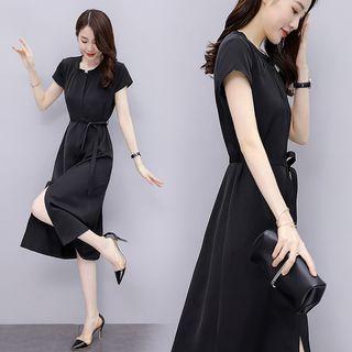 Cap-sleeve Plain Slit Midi Sheath Dress