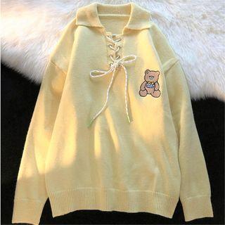 Long-sleeve Bear Print Polo Shirt Yellow - One Size