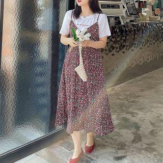 Set: Spaghetti Strap Floral Print Midi A-line Dress + T-shirt