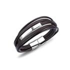 Simple Fashion Geometric 316l Stainless Steel Multilayer Brown Leather Bracelet Silver - One Size