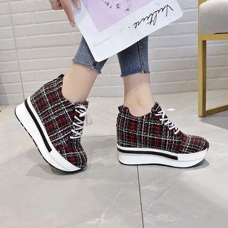Plaid Fabric Platform Hidden Wedge Sneakers
